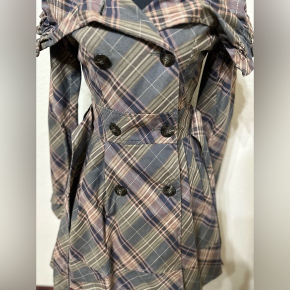Anthropologie (Black Rivet) Plaid Trench Coat in Green, Brown, and Tan Size 0 - Picture 6 of 9
